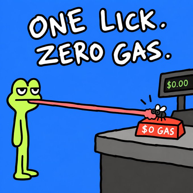 A cartoon illustration of a green frog-like character with an extremely long tongue reaching out to eat a fly on a counter labeled '$0 GAS', with a cash register displaying '$0.00' and the text 'ONE LICK. ZERO GAS.' above.
