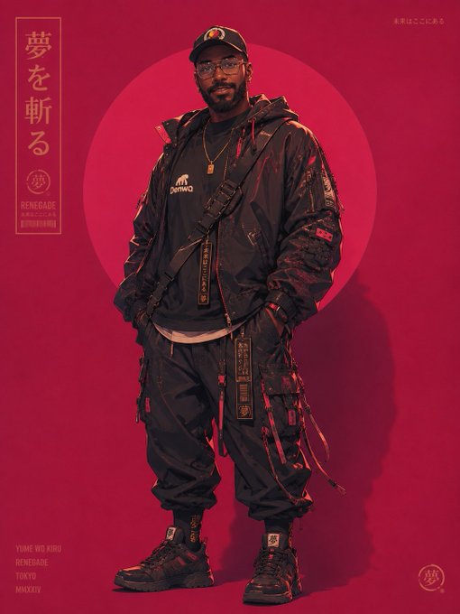 The image features an artist's illustration of a man wearing a black jacket, pants, and shoes with a baseball cap. The man has his hands in his pockets and appears to be posing for the picture. The background color of the image is red, which contrasts with the man's attire. There are also some text elements present in the image that read "#Day543 #apecoin A Supporting #yuga @apecoin Blessings ApE".
