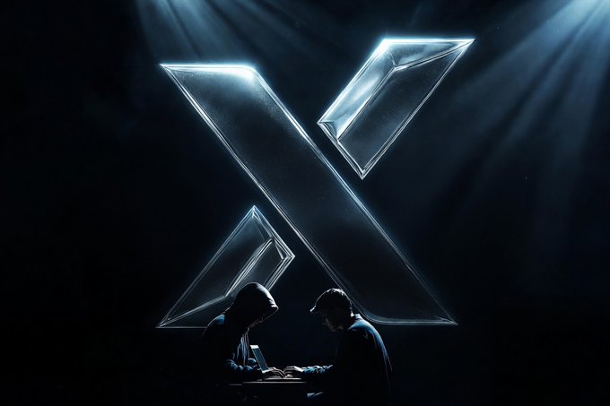 A dark, dramatic image featuring a glowing neon 'X' (formerly Twitter) logo in the background with two silhouetted figures sitting at a desk in the foreground.