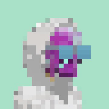 A low-resolution pixel art image showing a grey figure with white hair and a partially visible colorful face on a light teal background.