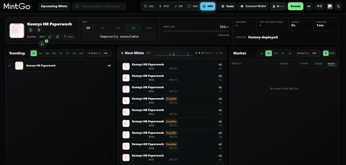 Screenshot of the MintGo NFT marketplace showing upcoming mints, with 'KennyS HR Paperwork' listed as a trending collection and a price of 'SSU/0.00'.