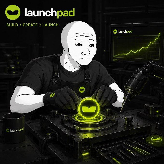 A stylized mascot wearing overalls and a white mask works at a manufacturing station with the "launchpad" logo and tagline "BUILD • CREATE • LAUNCH," while a screen displays a rising line chart.