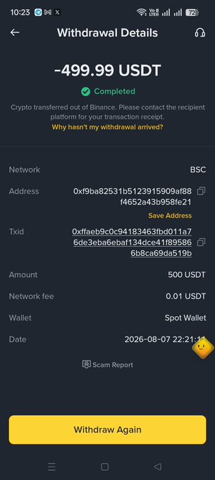 The image shows a Binance "Withdrawal Details" page confirming a completed transfer of 499.99 USDT via BSC network to the wallet address starting "0x19ba82531b5123915909af88f4652a43b958fe21," supporting the post's claim of sending another $500 to the @1Sopia9 channel.