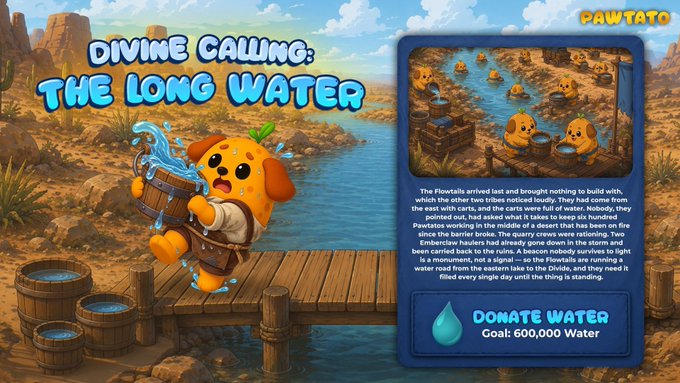 A webpage for 'Divine Calling: The Long Water' featuring a dog character carrying water, with a donation goal of 600,000 Water.