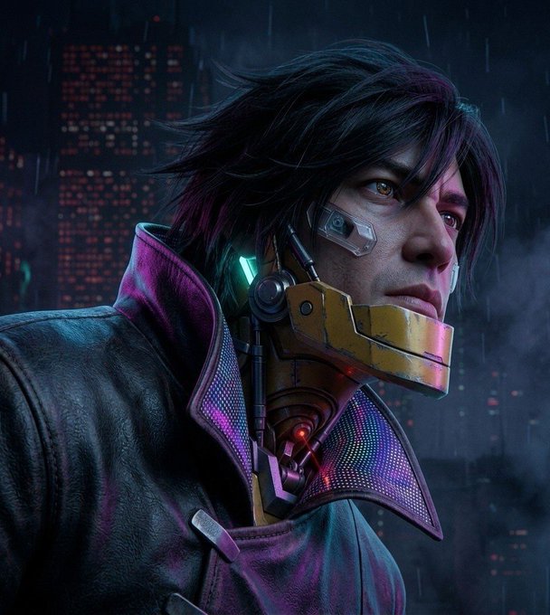 A cyberpunk-style digital illustration of a man wearing a yellow mechanical jaw device and leather jacket, set against a neon-lit cityscape in the rain.