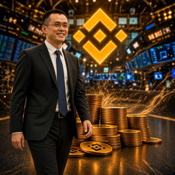 A digitally rendered man in a suit stands next to stacks of gold Binance coins with the glowing Binance logo behind him.