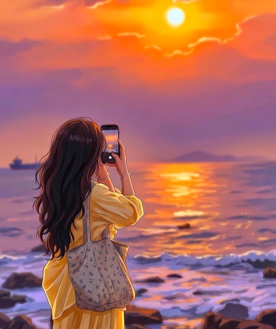 An illustration of a woman with long dark hair in a yellow dress taking a photo of a sunset over the ocean with her smartphone.