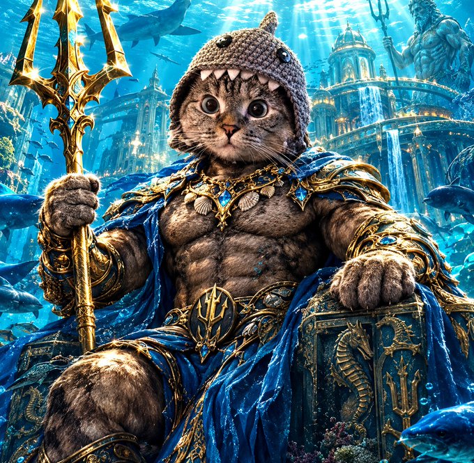 A digital artwork of a cat wearing a shark-themed knit hat and ornate blue and gold armor, holding a trident, with an underwater kingdom and Poseidon statue in the background.