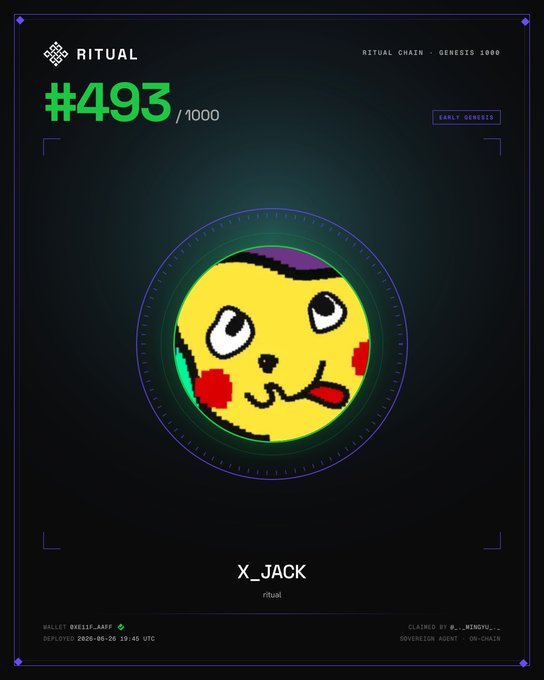 A digital NFT certificate from RITUAL chain, Genesis 1000, displaying item #493/1000 named 'X_JACK'—a yellow pixel-art smiley face with red cheeks—marked as an EARLY GENESIS, deployed 2025-06-28 and claimed by @_KINGYU_.