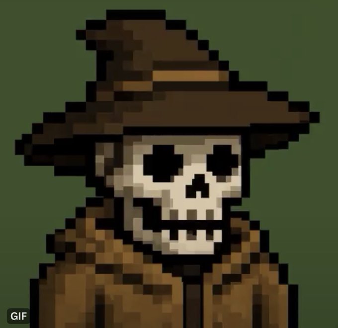 A pixelated skeleton wearing a brown wide-brimmed hat and cloak against a dark green background, with a "GIF" label in the corner.