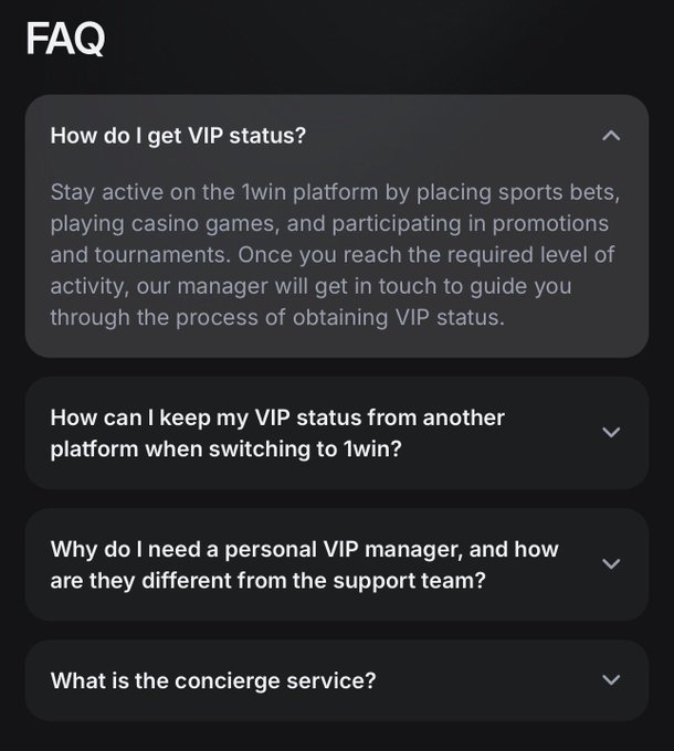 An FAQ page about VIP status on the 1win platform, with the first question "How do I get VIP status?" expanded and others collapsed below.