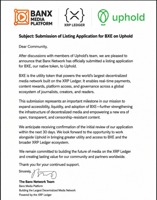 The image shows a white piece of paper with black text that reads "THE LANDSCAPE IS ALREADY CHANGING!! GOOGLE NOW FUELS THE LARGEST DECENTRALIZED MEDIA NETWORK POWERED BY $BXE TOKEN ON THE XRP LEDGER! THIS IS MASSIVE. WITH A POTENTIAL UPHOLD LISTING ON THE HORIZON, MANY ARE WATCHING $BXE CLOSELY!". The image is related to the post because it features a message about Bitcoin and decentralized media networks on social media platforms like Twitter or Instagram.