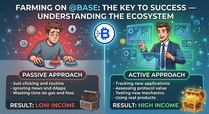 Infographic titled 'Farming on @BASE: The Key to Success — Understanding the Ecosystem' comparing a Passive Approach (low income) vs an Active Approach (high income) for crypto farming.