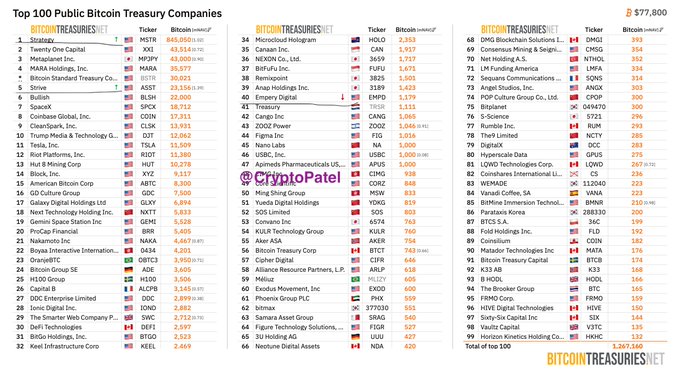 A chart titled 'Top 100 Public Bitcoin Treasury Companies' showing 100 entries with company names, tickers, and BTC holdings, with an arrow pointing to the 49th entry labeled '@CryptoPatel'.