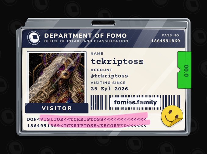 A digital 'Department of FOMO' visitor pass for user 'tckriptoss' with account @tckriptoss, valid since 25 Eyl 2026, featuring a passport number 1864991869 and the barcode text 'fomies.family'.