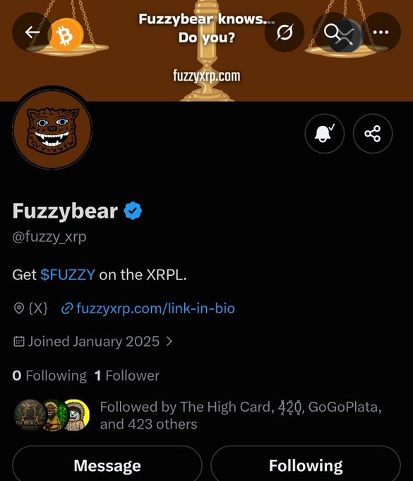 The image shows the X (Twitter) profile page for **"Fuzzybear" (@fuzzy_xrp)**, a verified account promoting the $FUZZY token on the XRPL, with a tagline reading "Fuzzybear knows...Do you?" and a banner featuring scales balancing Bitcoin and XRP logos. The account, which joined January 2025 and has 1 follower, links to fuzzyxrp.com and is followed by accounts like "The High Card, 420," "GoGoPlata," and others—aligning with the post's hype about the account's return on August 12th being "written in the stars."