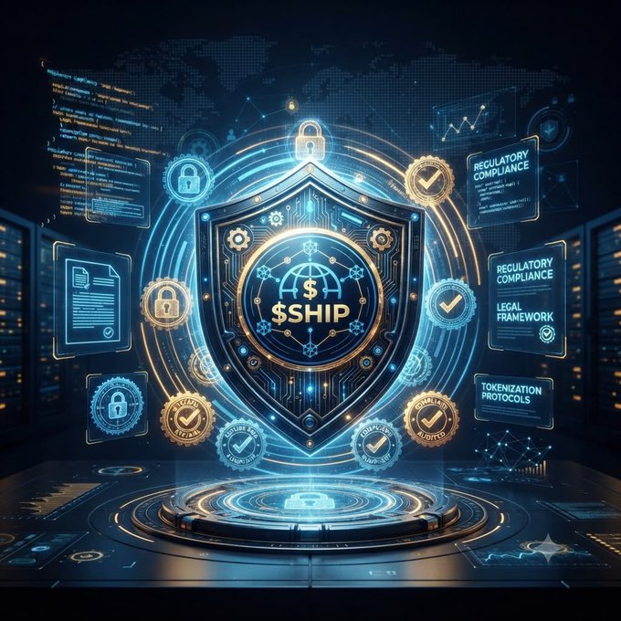 A futuristic blue-toned digital illustration featuring a central shield emblem with '$SHIP' and a globe icon, surrounded by floating holographic panels labeled 'REGULATORY COMPLIANCE,' 'LEGAL FRAMEWORK,' and 'TOKENIZATION PROTOCOLS.'