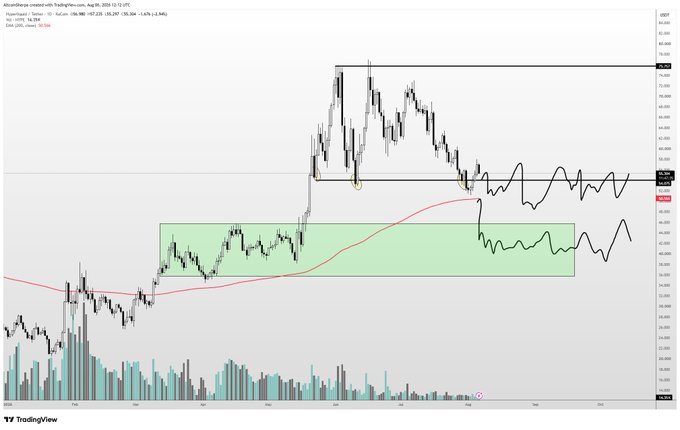 A TradingView daily chart of Algorand ($ALGO, mistakenly referenced as $HYPE in the post) showing a sharp rally to the $50 level followed by a breakdown, with a projected lower channel suggesting a slow decline toward the low/mid $40s if the key $50 support is lost. The chart displays price action ranging from roughly $30–$65, with the 200 EMA and a green demand zone visible in the $38–$45 region, visually supporting the author's cautious outlook of a possible lower bottom.