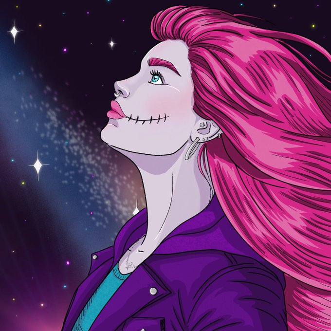 A vibrant pop-art illustration features a pale woman with flowing bright pink hair, stitched lips, and a purple jacket looking upward against a starry cosmic background.