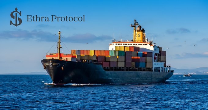 A cargo ship labeled "Ethra Protocol" sails on the ocean, representing the shipping industry's vital role in global trade that underpins valuable projects.