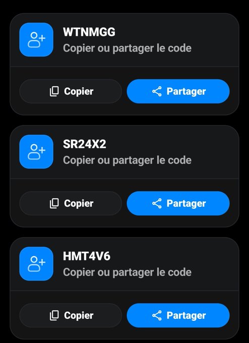 Three referral codes (WTNMGG, SR24X2, HMT4V6) displayed on dark cards with 'Copier ou partager le code' text and blue Copier/Partager buttons.
