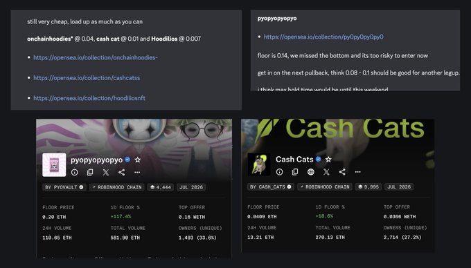 The image shows screenshots of OpenSea listings for "pyopyopyopyo" and "Cash Cats" collections on the Robinhood Chain, displayed alongside Discord messages where users discuss loading up on these NFTs at low prices. The listings show floor prices of 0.20 ETH for pyopyopyopyo (up 117.4%) and 0.0409 ETH for Cash Cats (up 38.6%), with mention of another collection, "onchainhoodies," still being "very cheap" at 0.04 ETH. This visually supports the post's narrative that the user bought pyopyopyo near a 0.08 floor and Cash Cats at 0.01, only to see them initially drop before later climbing significantly higher.