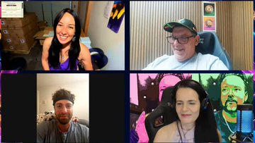 A four-way video call features two women and two men in separate frames, with one panel overlaid on colorful PulseChain and Bitcoin artwork. The image aligns with the post's call to promote $HEX and $PLS, visually uniting crypto community members in a livestream aimed at spreading awareness.