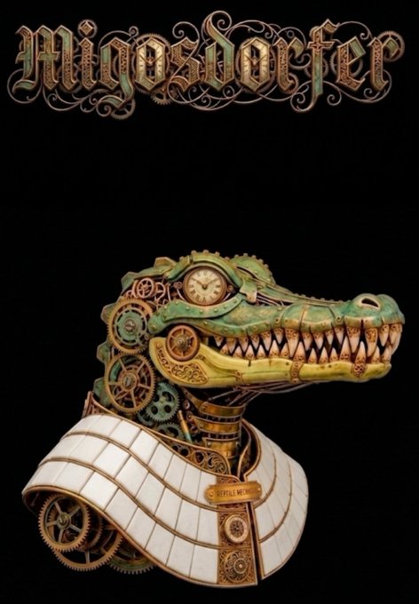 An ornate steampunk-style illustration features a mechanical crocodile head with gears and a clock for an eye, wearing a white ruffled collar, beneath the decorative text 'MingosVorfer'.