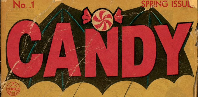 A worn vintage-style comic book cover prominently displays "CANDY" in large red letters, with "No. 1" and "SPRING ISSUE" text at the top, along with a DC Comics logo, directly referencing the Candy.io NFT collector community that successfully migrated to Solana under new ownership.