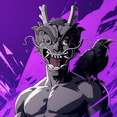 A stylized illustration shows a muscular character with a menacing oni-style mask and a black raven perched on his shoulder, set against a vibrant purple background with shattered glass effects.