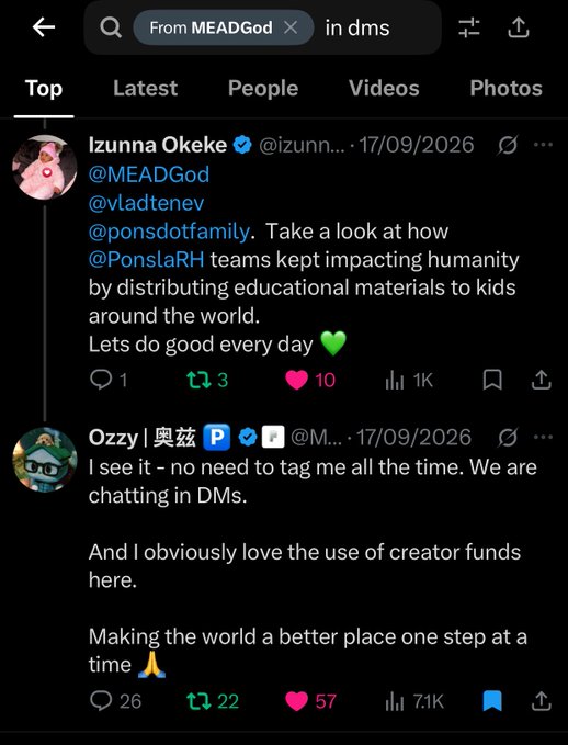 A screenshot of an X/Twitter feed filtered by direct messages 'From MEADGod,' showing a tweet from Izunna Okeke (@izunn) tagging several accounts about educational materials distribution, and a response from Ozzy (@Ozzy) discussing creator funds and making the world a better place.