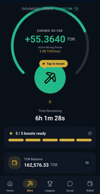 A mobile app screen displays a mining dashboard showing +55.3640 TOR earned so far with an active mining power of 3.08 TOR/hour, a time remaining of 6h 1m 28s, and a TOR balance of 162,576.33.