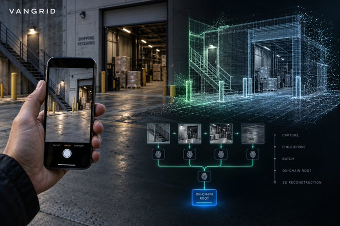 A promotional image for 'VANGRID' technology showing a hand holding a smartphone that captures a warehouse scene, which is then converted into a green wireframe 3D digital reconstruction diagram with on-chain verification steps.