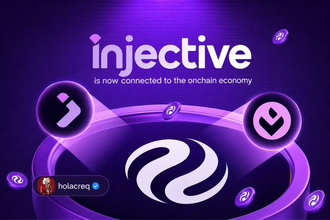 A purple promotional graphic for 'injective' announcing it is 'now connected to the onchain economy,' featuring floating coins and a user badge labeled 'holacreq'.