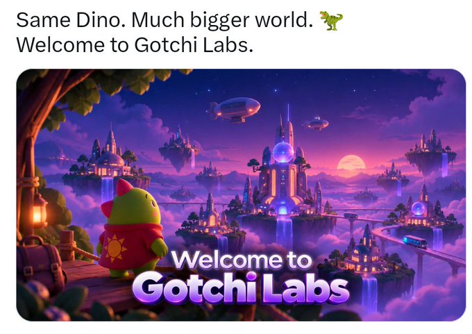 Promotional graphic reading 'Same Dino. Much bigger world. Welcome to Gotchi Labs.' featuring a small green dinosaur in a red hoodie overlooking a fantasy cityscape with the text 'Welcome to Gotchi Labs.'