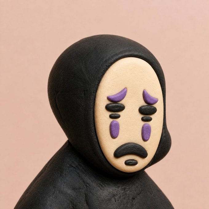 A clay figurine of a hooded figure resembling No-Face from Spirited Away, with a sad expression featuring purple tear-like markings and black eyebrows.