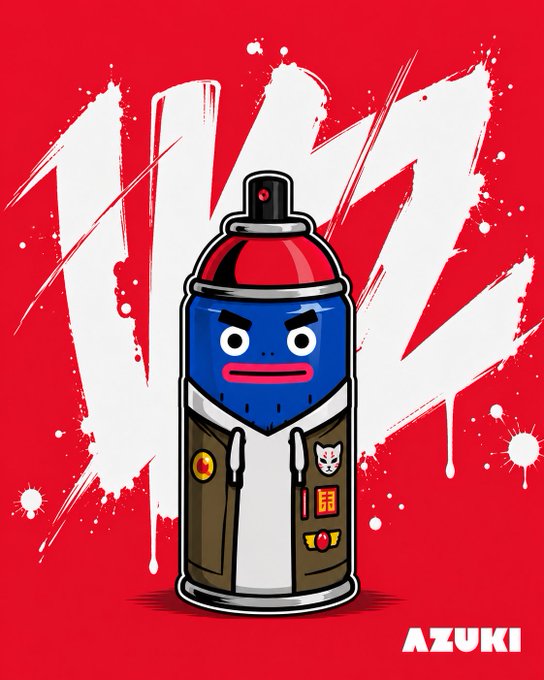 A stylized illustration of a blue-faced spray paint can character with an angry expression wearing a military-style vest with patches, displayed against a red background with 'AZUKI' in the bottom corner.
