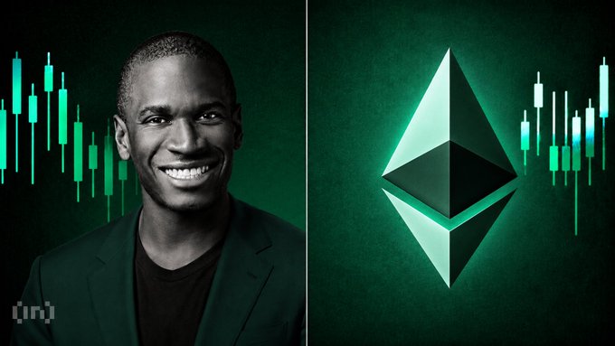 A smiling Arthur Hayes appears on the left alongside the Ethereum ($ETH) logo on the right, with green candlestick charts in the background symbolizing his large ETH purchases and dramatic trading reversal.