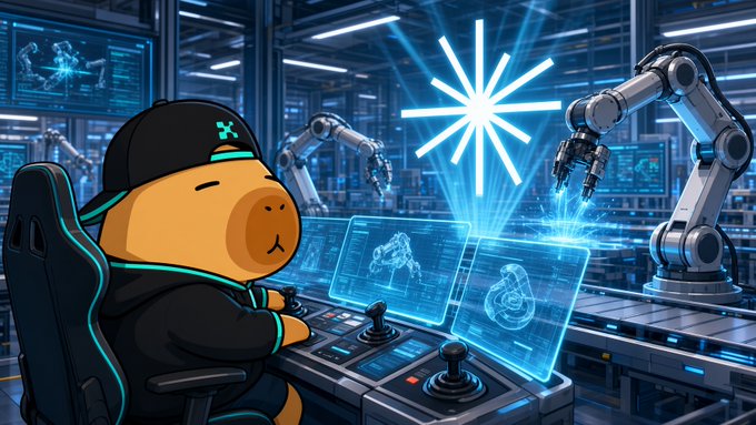 A cartoon bear wearing a black cap and hoodie sits at a glowing control console, piloting robotic arms in a futuristic factory setting, with holographic blueprints of mechanical parts displayed on transparent screens and a bright starburst of light shining above, visually reinforcing the post's message about driving simulated robot arms to collect diverse training data outside traditional labs, as championed by @axisrobotics.