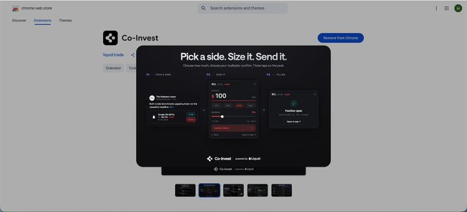 A screenshot of the Chrome Web Store showing the Co-Invest extension with promotional text 'Pick a side. Size it. Send it.' and an 'in Beta' tag, powered by Liquid.