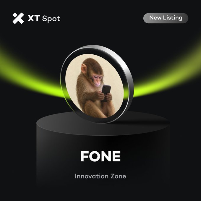 An XT Spot 'New Listing' promotional graphic for FONE in the Innovation Zone, featuring a baby monkey using a smartphone within a circular frame.