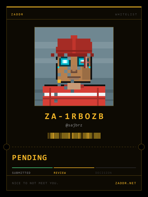 A pixel-art NFT-style digital certificate from ZADDR shows a red-hooded character with the ID 'ZA-1RBOZB' by @sajbrz. The status indicates 'PENDING' with progress through 'SUBMITTED' and 'REVIEW' stages.