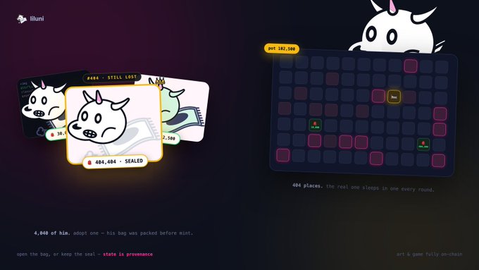 A digital interface for an NFT game called "lituni" featuring cartoon white goat characters, with cards labeled "SEALED," "STILL LOST," and a grid game described as "404 places. the real one sleeps in one every round."