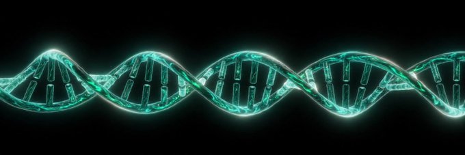 A glowing teal DNA double helix illustration against a black background.