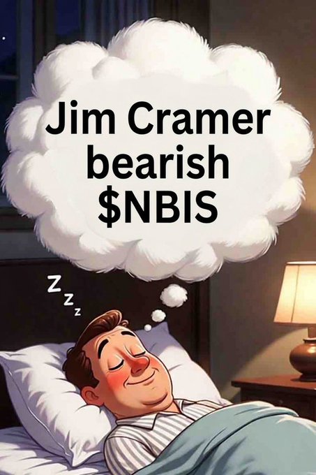 The image shows a cartoon man peacefully sleeping in bed with a thought bubble reading "Jim Cramer bearish $NBIS," humorously aligning with the post suggesting NBIS longs are sleeping soundly despite news of Jim Cramer turning bearish on the stock.