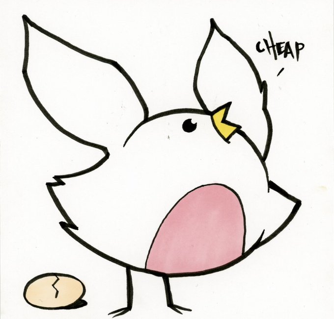 A hand-drawn white bird with a pink belly looks down disapprovingly at a small cracked egg on the ground, with the word "CHEAP" written above its head, fitting the post "QT your Buns!" which appears to play on the bird's plump rear resembling "buns."