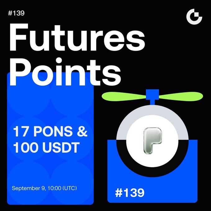 A promotional graphic for 'Futures Points #139' on a black and blue background, featuring a stylized P logo inside a circle with a propeller on top, advertising '17 PONS & 100 USDT' on September 9, 10:00 (UTC).