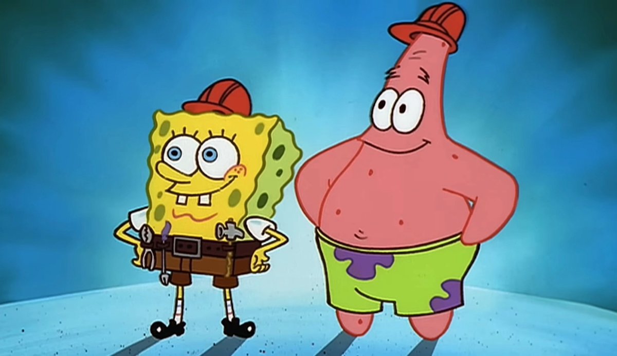 SpongeBob SquarePants and Patrick Star from the animated series stand side-by-side against a blue underwater background, both wearing their classic outfits with Krusty Krab hats.