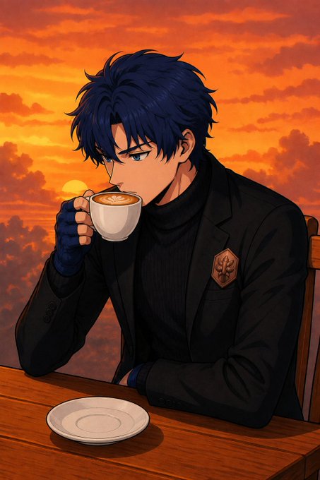 An anime-style illustration of a young man with dark blue hair wearing a black coat and turtleneck, drinking from a white cup at a wooden table against a sunset backdrop.