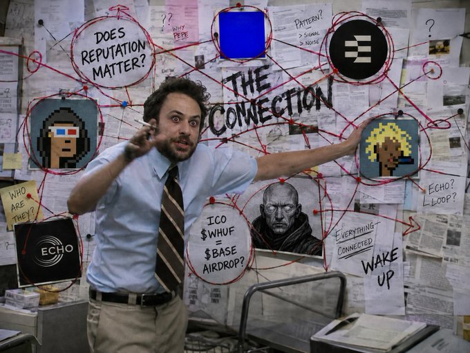 A man in a shirt and tie excitedly points at a conspiracy board covered in papers, strings, and photos with text including "THE CONNECTION", "DOES REPUTATION MATTER?", "ECHO?", and "WAKE UP".